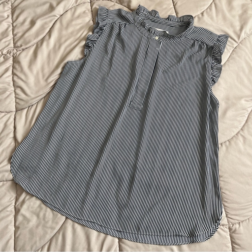 LOFT Navy and White Pinstripe Ruffle Sleeve Blouse